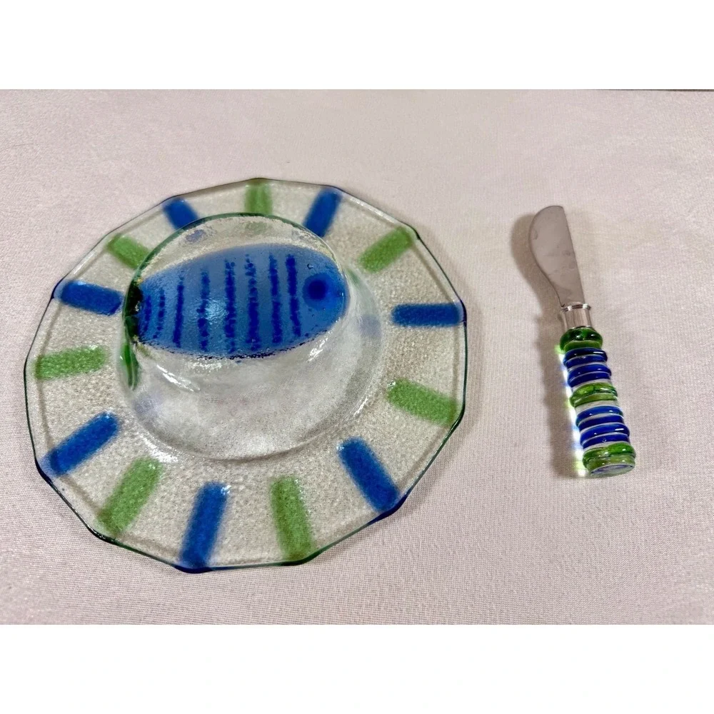 Sydenstricker Fused Glass Fish Design Small Dish and Spreader Set